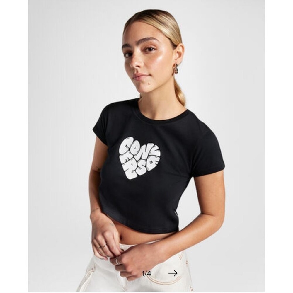 Converse Women’s Black Tee with Heart Logo slightly cropped length. size S